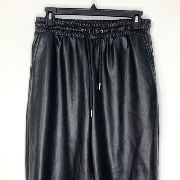 AVEC LES FILLES x BAGATELLE Black Faux Vegan Leather Fleece Lined Joggers Sz S - Picture 3 of 12